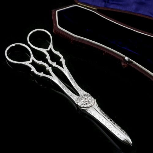 fig 5. Antique Victorian Solid Silver Grape Scissors with Fine Engravings - John Gilbert 1865