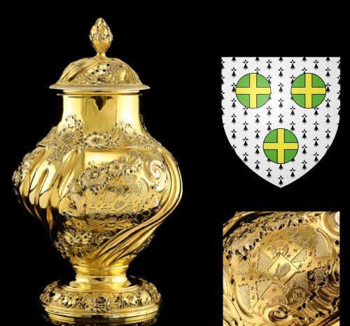 Antique Georgian Solid Silver Gilt Tea Caddy / Sugar Caster, Baronet Coat of Arms (Heathcote) - Samuel Taylor 1753