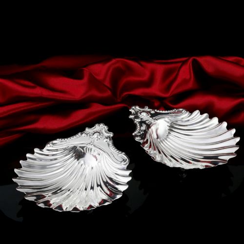 Antique Victorian Solid Silver Pair of Butter Dishes, Shell Design - Josiah Williams & Co 1894