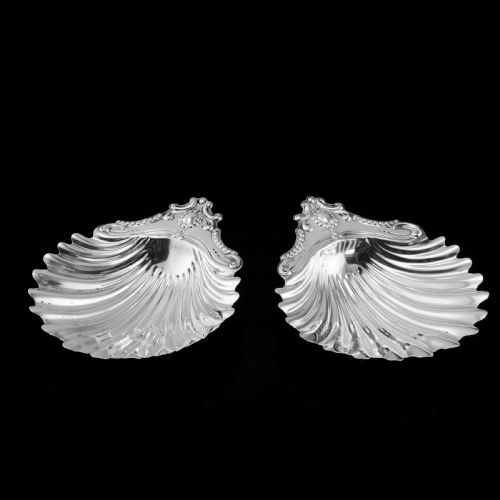 fig 1. Antique Victorian Solid Silver Pair of Butter Dishes, Shell Design - Josiah Williams & Co 1894