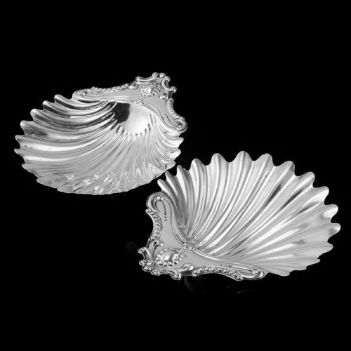 fig 3. Antique Victorian Solid Silver Pair of Butter Dishes, Shell Design - Josiah Williams & Co 1894