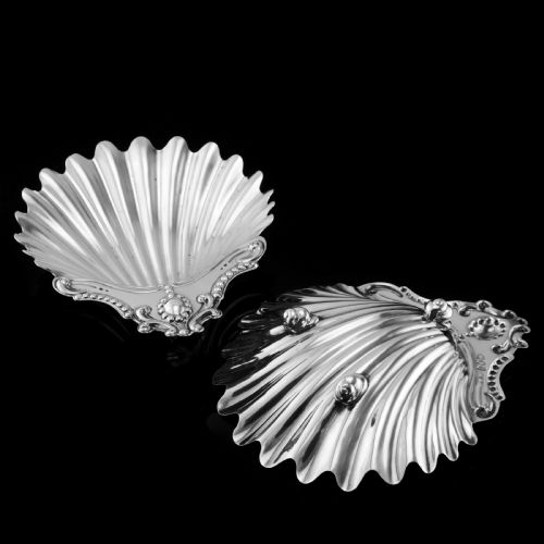 fig 5. Antique Victorian Solid Silver Pair of Butter Dishes, Shell Design - Josiah Williams & Co 1894