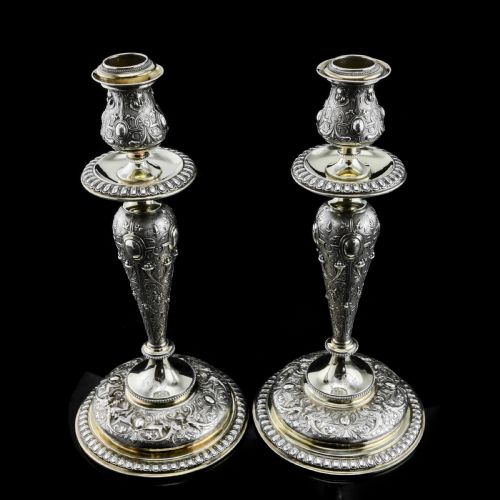 Magnificent Pair of Antique Solid Silver Parcel Gilt Candlesticks - C.1890s