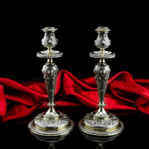 fig 1. Magnificent Pair of Antique Solid Silver Parcel Gilt Candlesticks - c.1890s