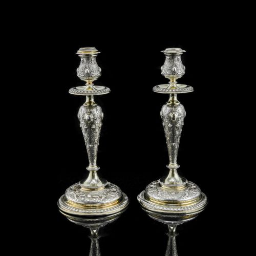 fig 3. Magnificent Pair of Antique Solid Silver Parcel Gilt Candlesticks - c.1890s