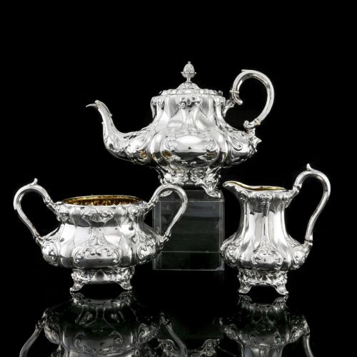 fig 1. Antique Solid Silver Victorian Tea Set with Beautiful Chased Decoration - Roberts & Slater 1849