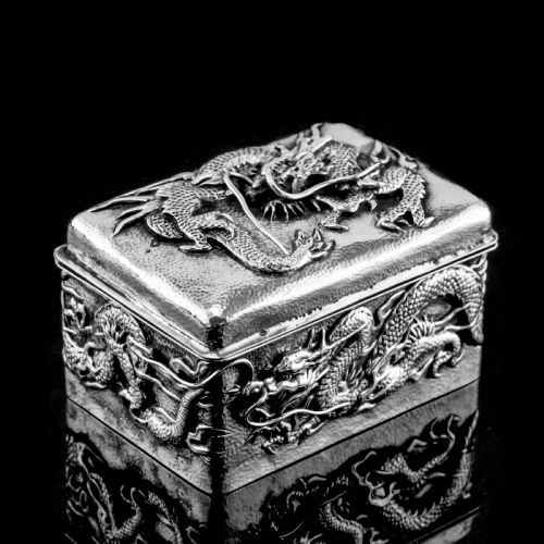 Antique Japanese Solid Silver Box with Embossed Dragons - Meiji Period C.1900