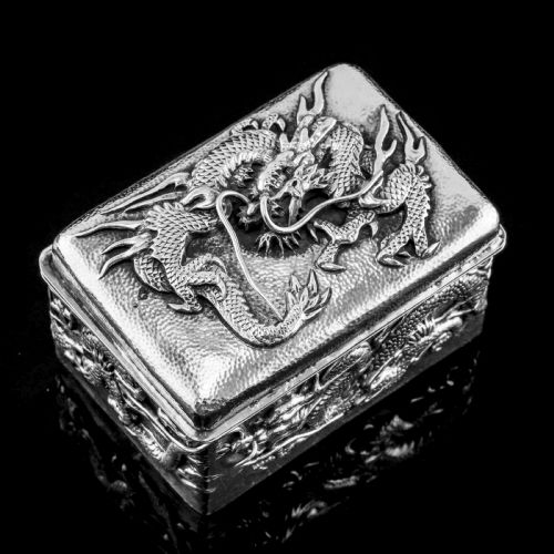 fig 2. Antique Japanese Solid Silver Box with Embossed Dragons - Meiji Period c.1900