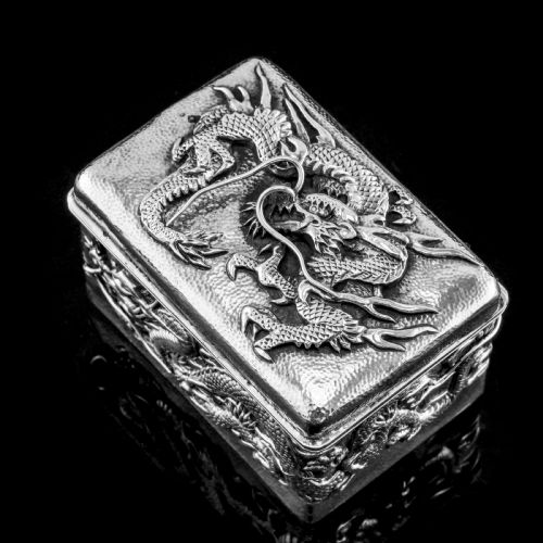 fig 3. Antique Japanese Solid Silver Box with Embossed Dragons - Meiji Period c.1900