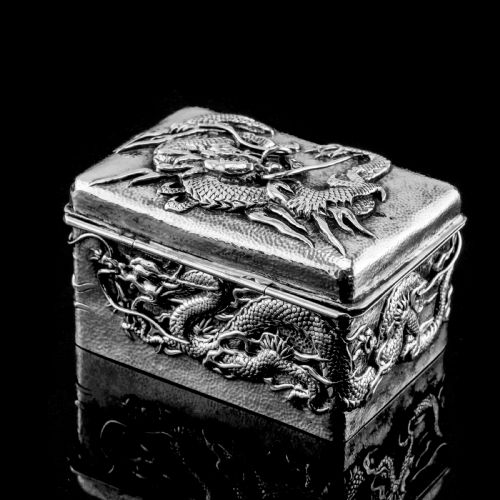 fig 5. Antique Japanese Solid Silver Box with Embossed Dragons - Meiji Period c.1900