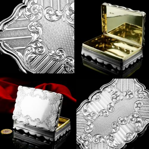 Antique Solid Silver Large Table Snuff Box with Magnificent Engravings - Edward Smith 1850