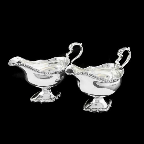 fig 2. Antique Pair of Georgian Solid Silver Pedestal Sauce Boats - William Collins 1774