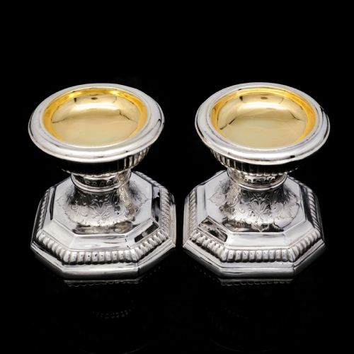 fig 1. A Unique Antique Pair of Solid Silver Salt Cellars, Pedestal Design - Daniel & John Wellby 1886