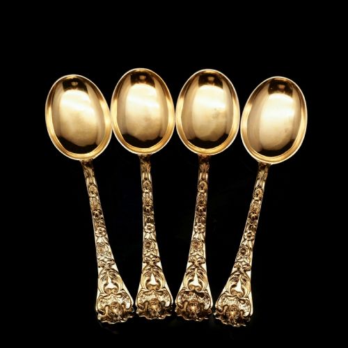 An Antique Set of 4 Solid Silver Gilt Spoons with Highly Embossed Design - Henry William Curry 1871