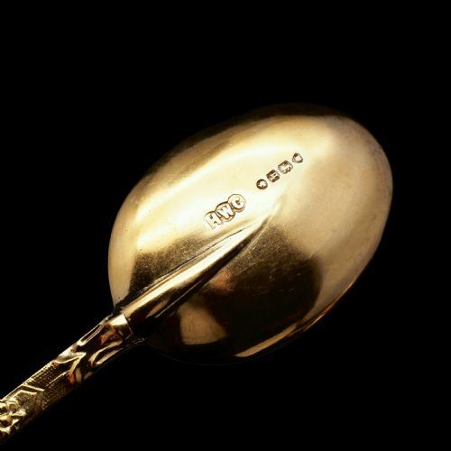 fig 1. An Antique Set of 4 Solid Silver Gilt Spoons with Highly Embossed Design - Henry William Curry 1871