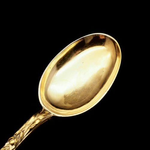 fig 2. An Antique Set of 4 Solid Silver Gilt Spoons with Highly Embossed Design - Henry William Curry 1871
