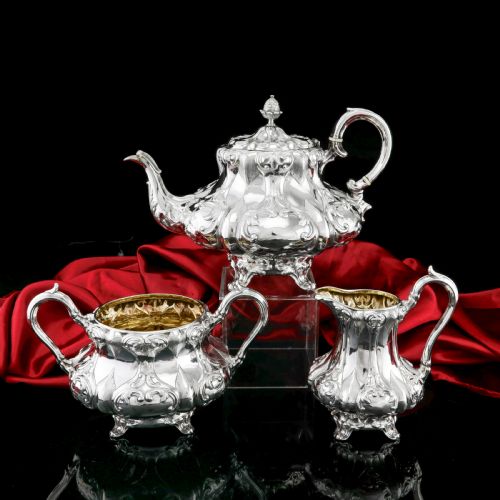 fig 1. Antique Solid Silver Victorian Tea Set with Beautiful Chased Decoration - Roberts & Slater 1849