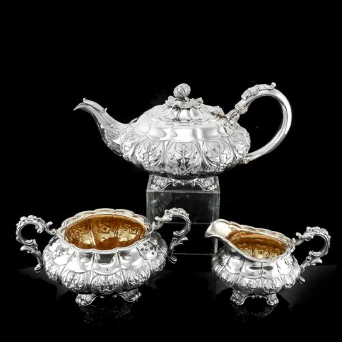 Antique Solid Silver Georgian Tea Set, 'Melon Shaped' with Floral Chasing - Robert Hennell 1826