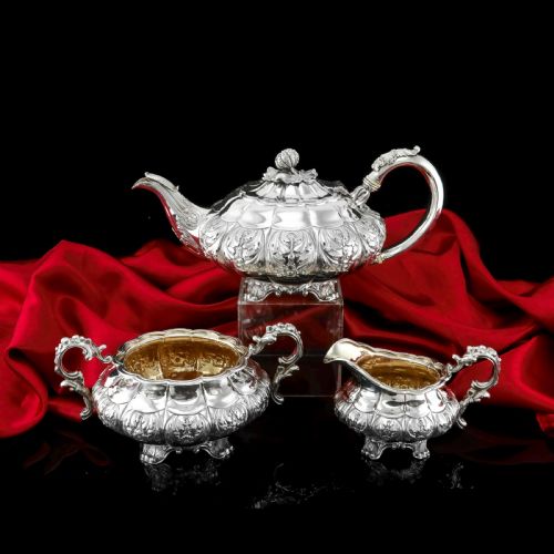 fig 1. Antique Solid Silver Georgian Tea Set, 'Melon Shaped' with Floral Chasing - Robert Hennell 1826