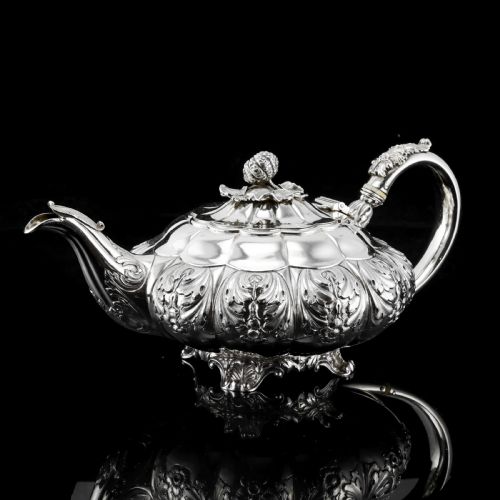 fig 2. Antique Solid Silver Georgian Tea Set, 'Melon Shaped' with Floral Chasing - Robert Hennell 1826