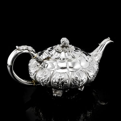 fig 3. Antique Solid Silver Georgian Tea Set, 'Melon Shaped' with Floral Chasing - Robert Hennell 1826