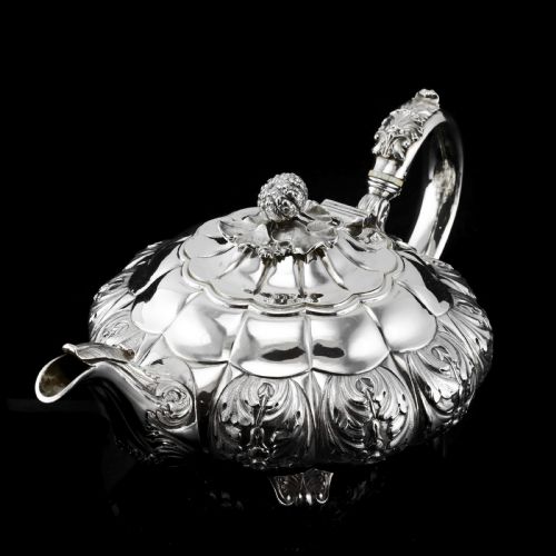 fig 4. Antique Solid Silver Georgian Tea Set, 'Melon Shaped' with Floral Chasing - Robert Hennell 1826