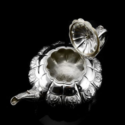 fig 5. Antique Solid Silver Georgian Tea Set, 'Melon Shaped' with Floral Chasing - Robert Hennell 1826