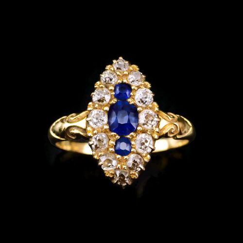 A Marvellous Victorian 18k Gold Sapphire & Diamond Navette Ring