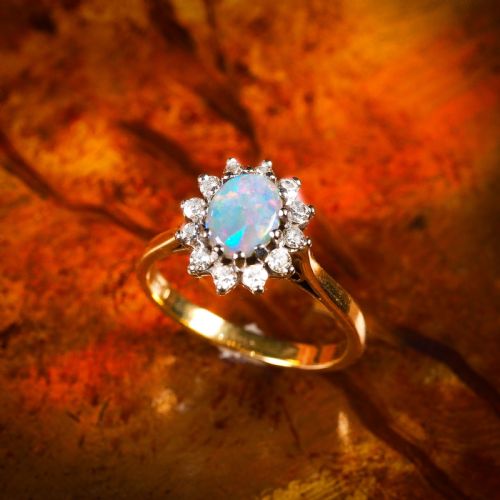 A Stunning Vintage 18k Gold Opal & Diamond Cluster Ring