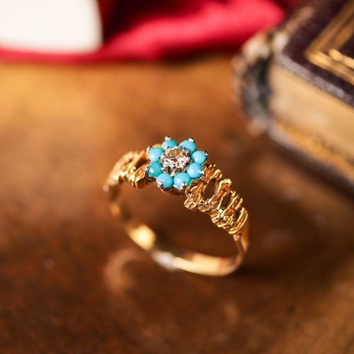 fig 1. Vintage 18K Gold Turquoise & Diamond Cluster Ring
