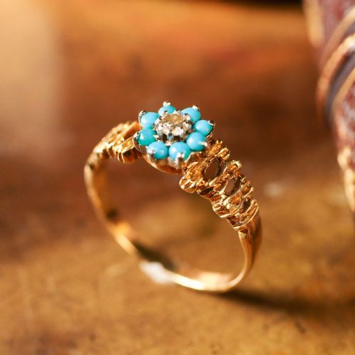 fig 4. Vintage 18K Gold Turquoise & Diamond Cluster Ring
