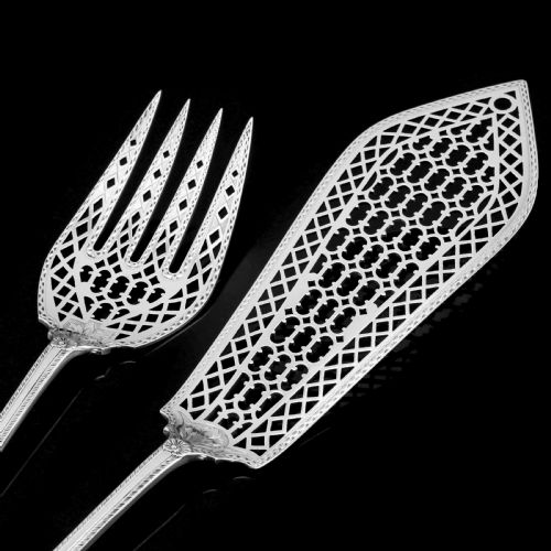 fig 1. A Rare Victorian Solid Silver Hand-Pierced Fish Server Set - Martin Hall & Co. 1863
