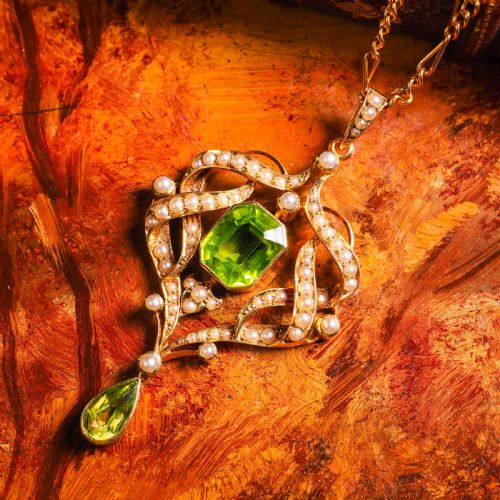 fig 2. A Beautiful Antique Edwardian 9K Gold Peridot & Seeded Pearl Necklace - c.1900