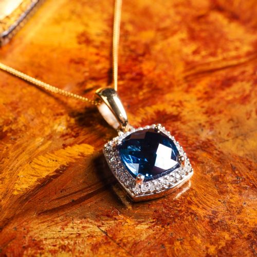 A STUNNING BLUE TOPAZ DIAMOND HALO SQUARE NECKLACE 9K GOLD - ADDITIONAL PHOTO 2