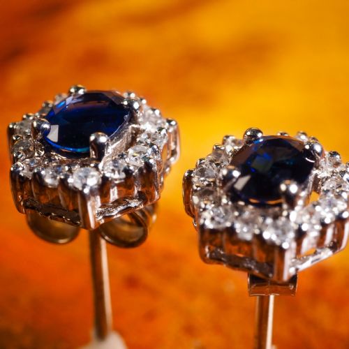 fig 1. A Pair of Sapphire & Cluster Diamond Earrings 9K White Gold