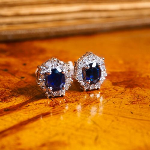 fig 2. A Pair of Sapphire & Cluster Diamond Earrings 9K White Gold