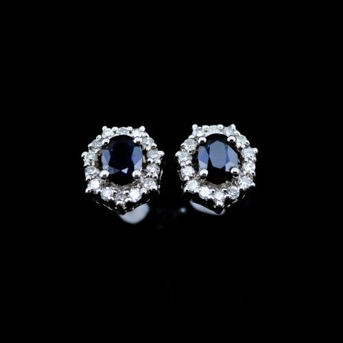 fig 3. A Pair of Sapphire & Cluster Diamond Earrings 9K White Gold