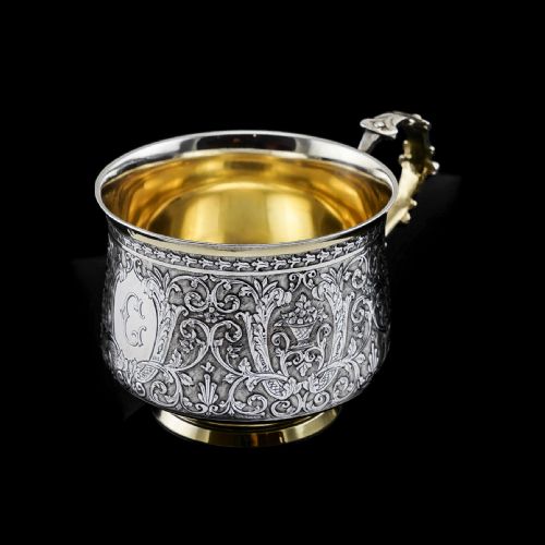 Antique Solid Silver French Mug/cup with Fine Engravings - 19th Century