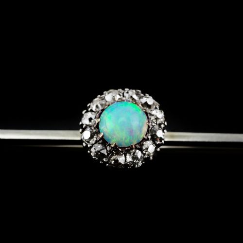 Antique 18k White Gold Opal & Diamond Cluster Pin Brooch - C.1910
