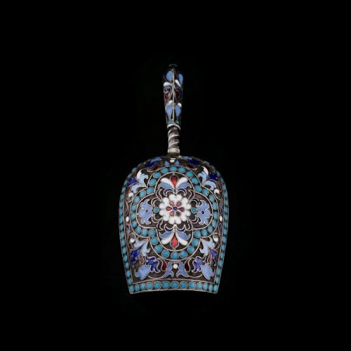 fig 1. Antique Imperial Russian Solid Silver Enamel Cloisonne Caddy Spoon - Gustav Klingert 1891