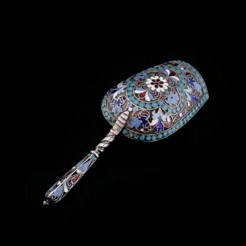fig 4. Antique Imperial Russian Solid Silver Enamel Cloisonne Caddy Spoon - Gustav Klingert 1891