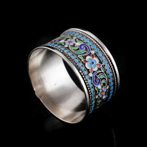 fig 1. Antique Imperial Russian Solid Silver Cloisonne Enamel Napkin Ring - c1910