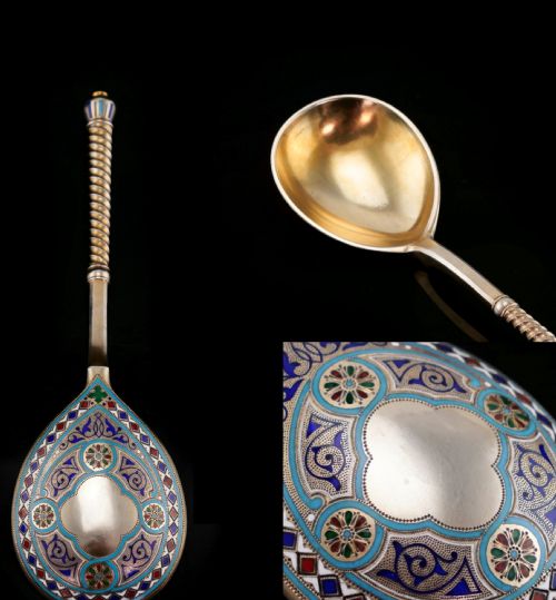 A Large Imperial Russian Solid Silver Enamel Champleve Spoon - Ivan Khlebnikov