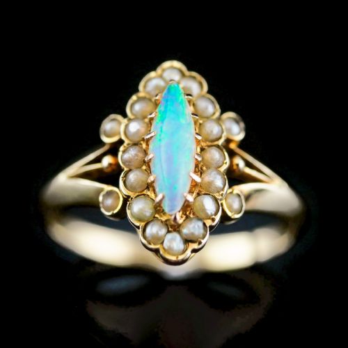 A Beautiful Antique Edwardian Opal Marquise/navette Ring with Seeded Pearls 9k Gold