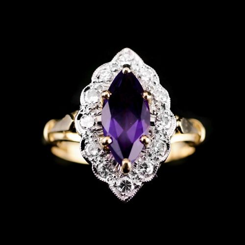 A Magnificent Vintage 18k Gold Large Amethyst & Diamond Marquise Ring