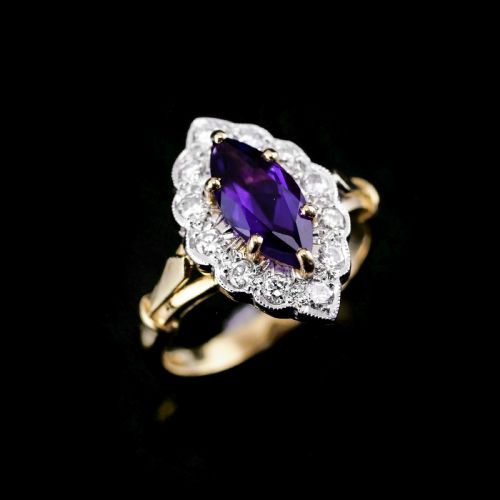 fig 1. A Magnificent Vintage 18K Gold Large Amethyst & Diamond Marquise Ring