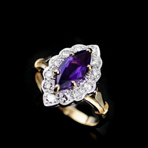 fig 2. A Magnificent Vintage 18K Gold Large Amethyst & Diamond Marquise Ring