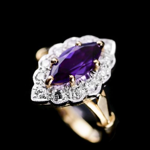 fig 5. A Magnificent Vintage 18K Gold Large Amethyst & Diamond Marquise Ring