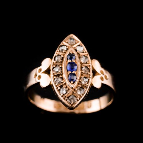 Stylish Antique Victorian 15k Sapphire and Diamond Navette Ring - 1893