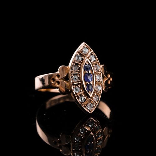 fig 2. Stylish Antique Victorian 15K Sapphire and Diamond Navette Ring - 1893